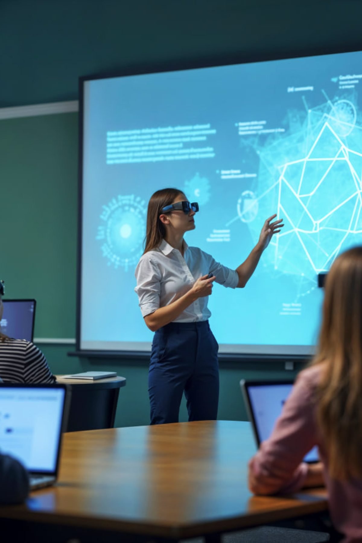 Mentors teaching technology students in modern classroom setting